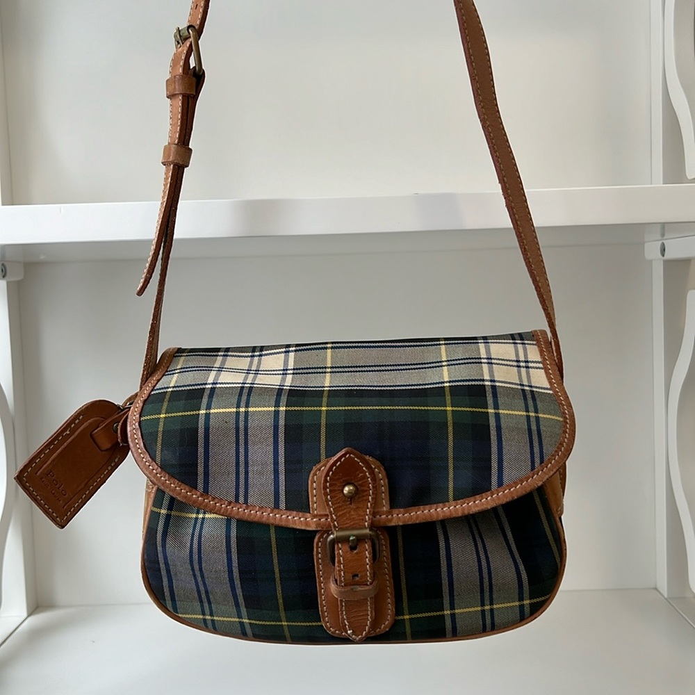 Ralph Lauren Vintage Tartan Plaid Blue Green Leather Brass Canvas Plaid Bag